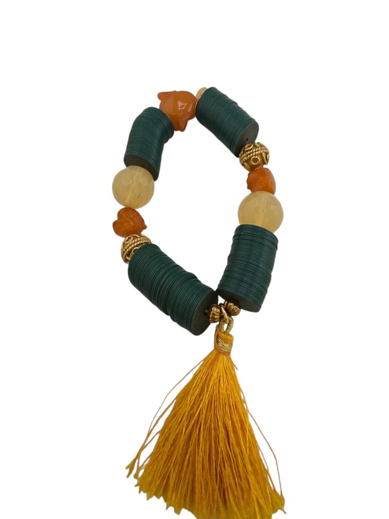 Vintage Nos Bee Charming Vulcanite Record Beaded Stretch Bracelet With Tassel